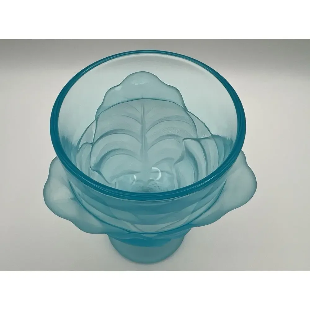 LG Wright Blue Satin Glass Cabbage Leaf Water Goblet Wine Glass 6.25” Vintage